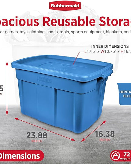Rubbermaid Roughneck Tote 18 Gal, 6 Pack, Made in USA, Heritage Blue, Rugged Plastic Stackable Storage Bins with Lids and Handles