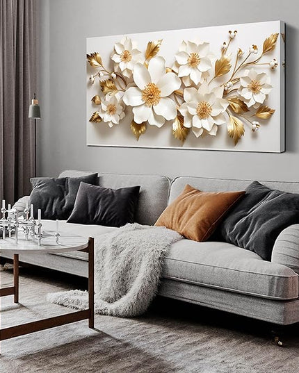 JuhaiArt Gold Wall Decor White 3D Floral Wall Art Elegant Flower Canvas Decor for Bedroom Living Room Office Picture Artwork 24" x 48"