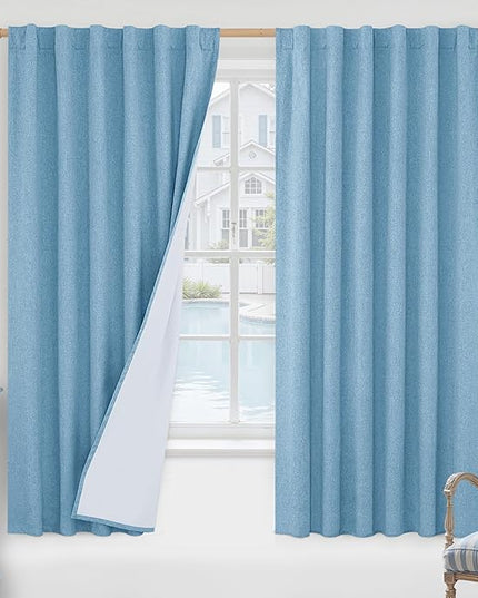 LAMIT 100% Blackout Blue Linen Curtains, 63 Inches Linen Textured Thermal Bedroom Curtains Back Tab and Rod Pocket Neutral Panels with White Liner for Boys' Room, 2 Panels, 52 x 63 Inch