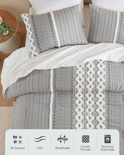 INK+IVY Comforter for King Size Bed, Chenille Tufted, Breathable Cotton Comforter Set King, All Season Modern Boho Comforter with Farmhouse Bedding Flare, 2 Matching Shams, King Gray 3 Piece