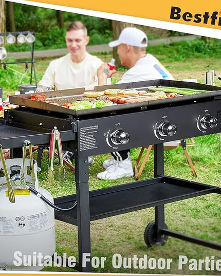BESTFIRE Foldable Flat Top Grill, Outdoor Griddle-3 Burner Propane Griddle with Two Foldable Shelves,36" Flat Grills Outdoor-45,000 BTU Gas Grill for BBQ& Outdoor Cooking,Black