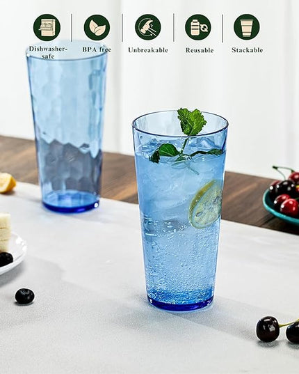 26oz Blue Acrylic Glasses Drinkware (Set of 6), Hammered Design Shatter-Proof Plastic Cups, Reusable Large Drinking Tumblers, Stackable, BPA-Free, Dishwasher-Safe (Blue)
