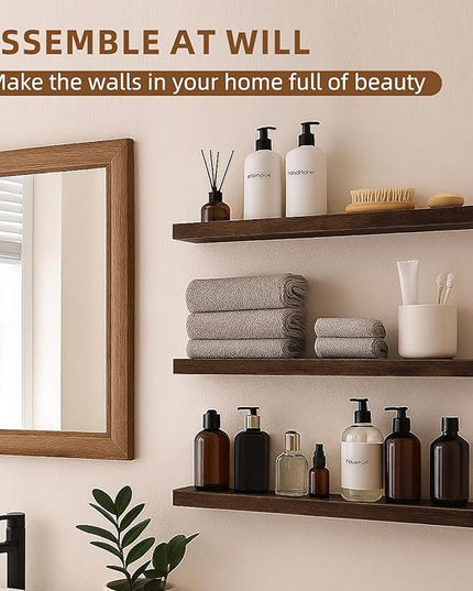 Floating Shelves for Wall, 23.6 inch Long Set of 3 Wood Rustic Wall Mounted Shelves, Display Shelf with Invisible Heavy, Large Deep Shelves for Home Decor & Storage for Living Room, Kitchen