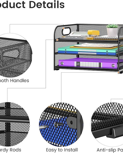 3 Tier Paper Organizer with Handle, Metal Desk Organizer Mesh Paper Letter Tray Desktop File Folder Document Sorter for Classroom, School, Office Accessories Organization and Storage - Black