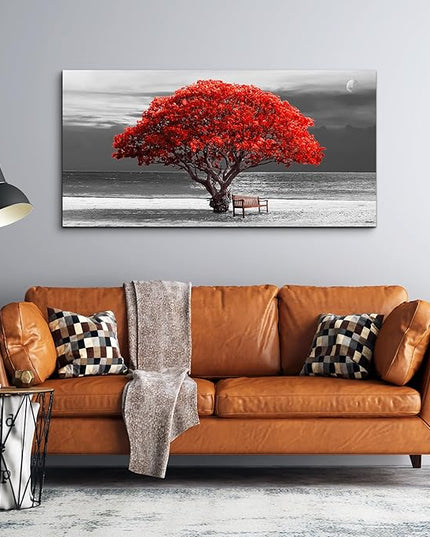 wall art for living room Decorations Photo Prints - panoramic black and white with red trees The moon Landscape - Modern Home Decor The room Stretched and Framed Ready to Hang artwork 20x40inches