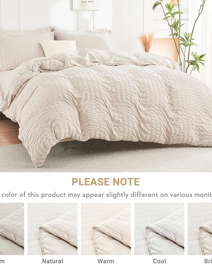 HYMOKEGE Beige Oversized Queen Comforter Set Seersucker 7 Pieces, All Season Luxury Bed in a Bag for Bedroom, Bedding Set with Comforter, Sheets, Pillowcases & Shams
