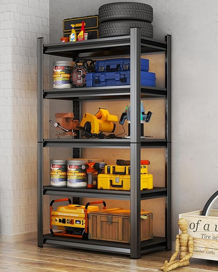 Storage Shelves, Garage Metal Shelving Unit, Adjustable, Double-Layer Column with Reinforced Ribs, Heavy-Duty, Capable of Bearing 600-3600 lbs (Black, 45''W*20''D*71''H, 5-Tier)