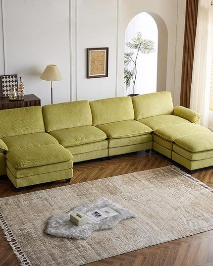 VINGLI 156" Cloud Corduroy Sectional Sofa, Comfy L-Shaped Extra Deep Seat Sofa Couch for Living Room,Modern 4-Seat Convertible Loveseat Sofa with Three Ottomans for Small Space(Olive Green)