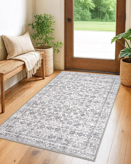 3x5 Washable Area Rug for Entryway, Grey Soft Distressed Floral Rug with Non-Slip, Low-Pile Vintage Neutral Area Rugs for Entryway Nursery Bedroom Dining, Dorm Carpet with Non-Shedding