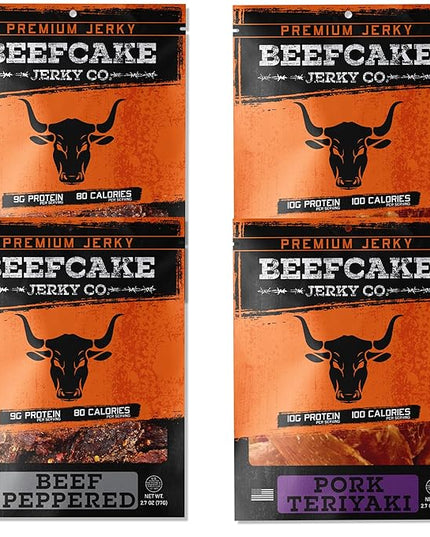 BEEFCAKE Jerky Pork Lover Variety Pack, Beef Jerky Signature Beef Peppered & Asian-Style Pork Teriyaki Mix, 9 Gram of Protein and 100 Calories 2.7 Oz | Pack of 4