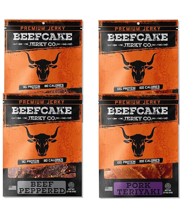 BEEFCAKE Jerky Pork Lover Variety Pack, Beef Jerky Signature Beef Peppered & Asian-Style Pork Teriyaki Mix, 9 Gram of Protein and 100 Calories 2.7 Oz | Pack of 4