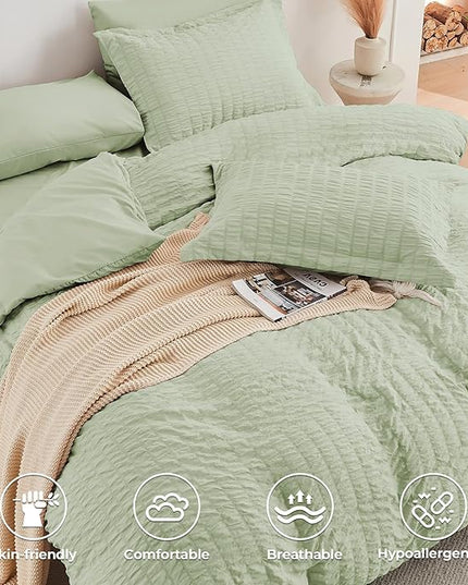 HYMOKEGE Light Green King Size Comforter Set Seersucker 7 Pieces, All Season Luxury Bed in a Bag for Bedroom, Bedding Set with Comforters, Sheets, Pillowcases & Shams