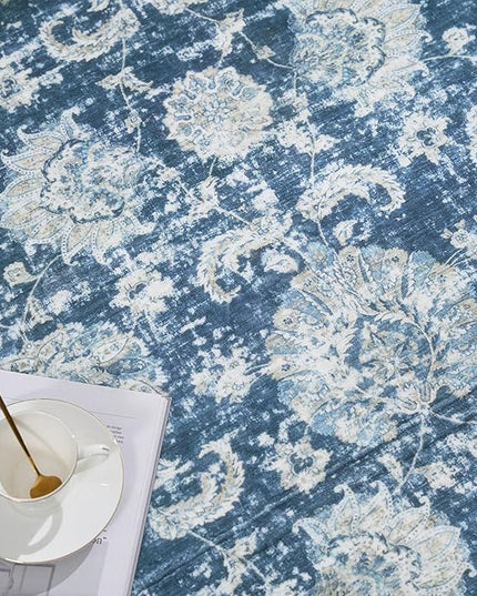 jinchan Fiora Round Rug 8ft Area Rug - Dark Blue Vintage Floor Mat Indoor Ultra-Thin Soft Floral Print - Washable Circle 8' Retro Accent for Farmhouse Non Slip Dining Room Living Room Bedroom Office