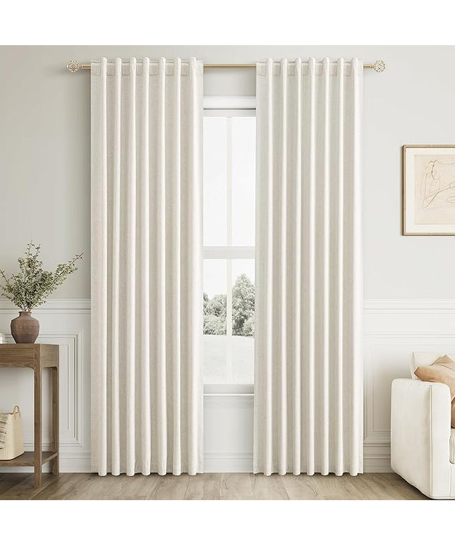 Guken Cream Linen Blackout Curtains 105 Inch Length 2 Panels Set for Living Room Bedroom Back Tab Thermal Insulated 100% Black Out Linen Drapes Room Darkening Window Curtains