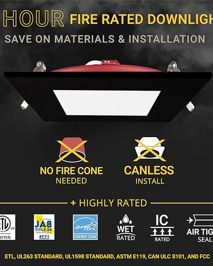 NUWATT 2 Hour Fire Rated Recessed Lighting 6 Inch, Square LED Lights, 5 CCT 2700K/3000K/3500K/4000K/5000K, 15W, Dimmable 1200LM, Black Recessed Lights, Wet & IC Rated, ETL, No Tenmat Needed, 6 Pack