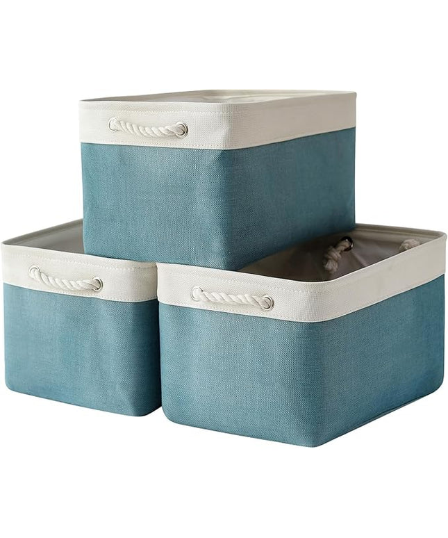 TheWarmHome Organization and Storage basket for Organizing - 3 Pack 16x12x12 inch Cube Storage Bin for Shelves, Fabric Storage Cubes for Organizer Cloth Closet Toy Box (White & Green)