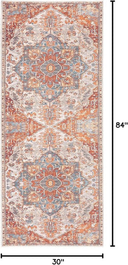 GLN Rugs Traditional Collection - Machine Washable Area Rug, Traditional Washable, Non Slip, Low Pile Chenille Rug, Living Room, Bedroom, Kitchen Rug (2'6"x7' Cream/Terra)