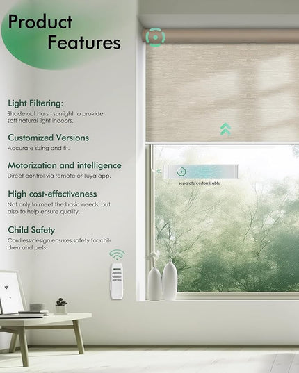 Yoolax Motorized Blinds with Remote, Light Filtering Remote Shades for Windows, Automatic Roller Shades Cordless Electric Blinds for Bedroom Living Room Office, Custom Size (Jacquard Coffee)