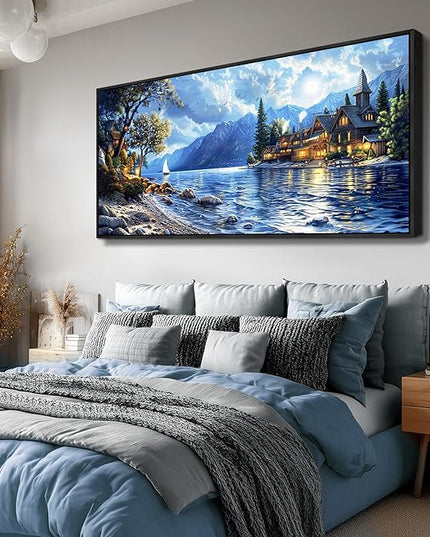 XIGUANGART Coastal Wall Art Blue Ocean Picture Mountain Wall Decor Lake Beside Countryside Large Canvas Print Art for Living Room Bedroom Home Office Forest Scenery Painting Decoration Framed Artwork