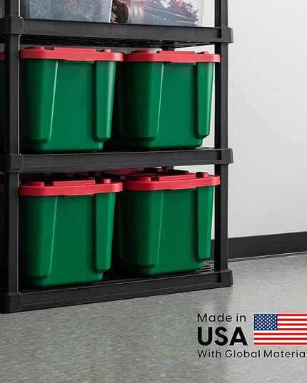 IRIS USA 4-Pack 12 Gallon Storage Bins with Lids |Made in USA| Heavy Duty Plastic Tote Containers for Holiday Organization, Large - Green/Red
