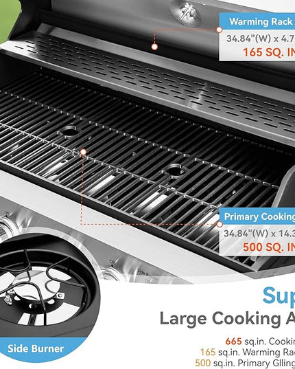 6 Burner Propane Gas BBQ Grill with Side Burner & Porcelain-Enameled Cast Iron Grate, 65,800 BTUs Barbecue Grill 665 Sq. In. Grilling Area, Outdoor Propane Grill for Camping Patio Backyard Cooking