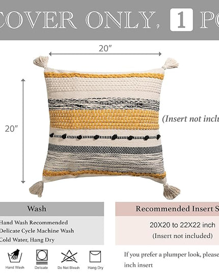 BlissBlush Yellow Mustard Decorative Throw Pillow Cover 20x20 Square Boho Accent Pillowcase Tassels Farmhouse Cushion for Couch Sofa Bedroom Living Room Home Décor Cover ONLY