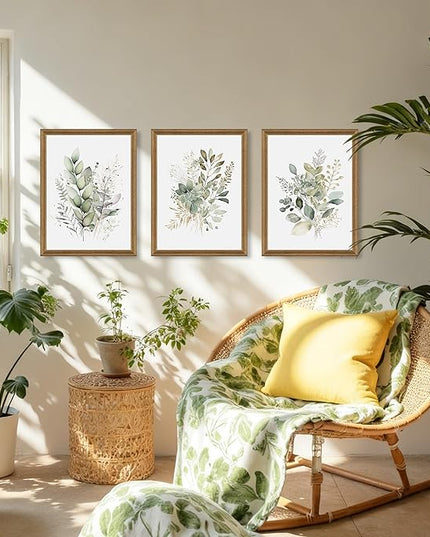 WRFON Watercolor Botanical Wall Art Set of 3 Boho Sage Green Wildflower Canvas Wall Art Prints Modern Floral Wall Decor for Bedroom Living Room Bathroom Decorations Wood Framed 12x16 Inches