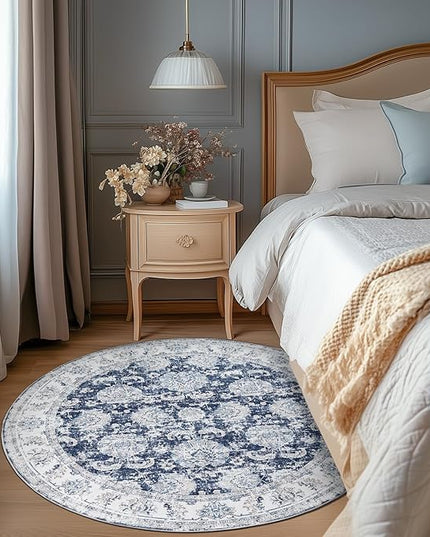 jinchan Fiora Round Rug 6ft Area Rugs Vintage Floral Distressed Design - Machine Washable Non-Slip Low-Pile Ultra-Thin Circle Rug for Entryway Bedside Living Room Bedroom (6' Round, Dark Blue)
