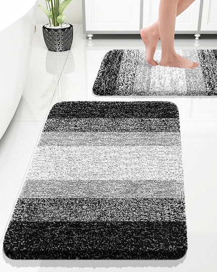 OLANLY Bathroom Rug Set 2 Piece, Soft Absorbent Microfiber Bath Rug Set, Non-Slip, Machine Wash Dry, Plush Shaggy Bath Mats for Bathroom (30"x20"+24"x16", Black)