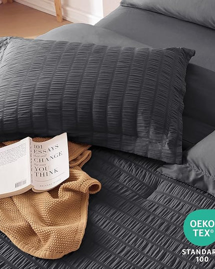 MUXHOMO 5 Pieces Twin XL Comforter Set, Seersucker Bed in a Bag Twin XL Size, All Season Luxury Bedding Set with Comforter, Flat Sheet, Fitted Sheet, Pillowcase & Sham, Dark Grey