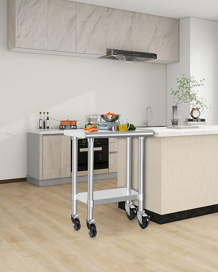 HARDURA Stainless Steel Commercial Table Prep & Work Table with Casters Heavy Duty Metal Table with Wheels NSF 430 18×30 Inches
