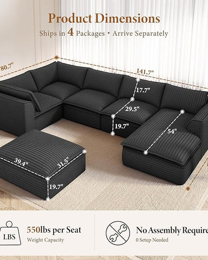 Vesgantti 141.7" Oversized Sectional Boneless Couch, 7 Seater Modular Sofa with Chaise & Ottoman & Armrest, Deep Seat Plush Corduroy Cloud Couch for Living Room, No Assembly Required, Dark Gray