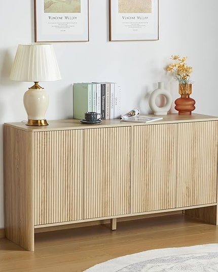 Sideboard Buffets Cabinet, Modern Accent Storage Cabinet with 4 Fluted Doors and Adjustable Shelves, Wood Credenza Buffet Sideboards, Console Table for Kitchen Dining Living Room Entryway (Natural)