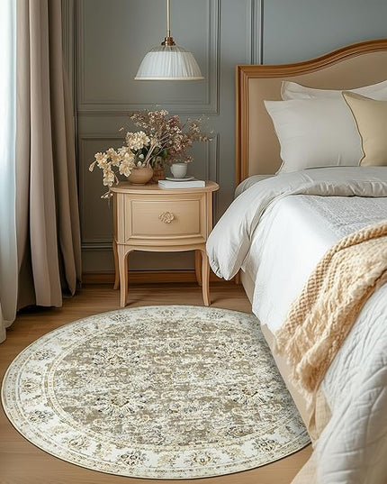 jinchan Fiora Round Rug 6ft Area Rugs Vintage Floral Distressed Design - Machine Washable Non-Slip Low-Pile Ultra-Thin Circle Rug for Entryway Bedside Living Room Dining Room Bedroom (6' Round, Taupe)