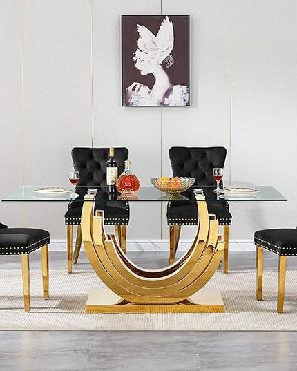 Henf 5-Piece Glass Dining Table Set with 4 Upholstered Dining Chairs,Large Glass Dining Room Table Set for 4, Modern Kitchen Table Furniture for Dining Room, Gold Dining Table and Chair Set for 4