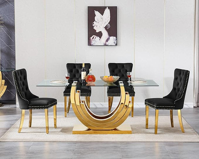 Henf 5-Piece Glass Dining Table Set with 4 Upholstered Dining Chairs,Large Glass Dining Room Table Set for 4, Modern Kitchen Table Furniture for Dining Room, Gold Dining Table and Chair Set for 4