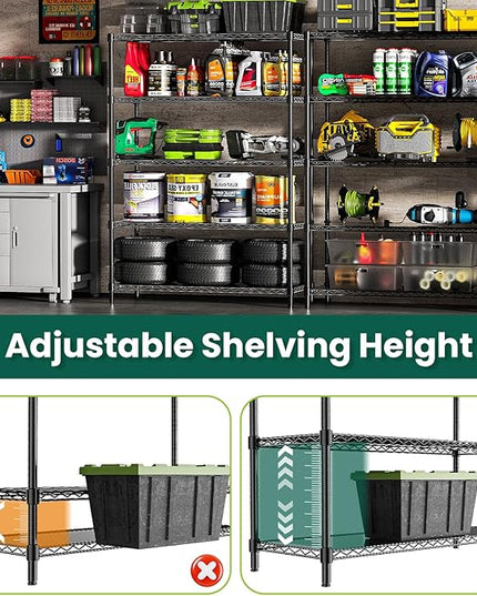 48" W Storage Shelves 5-Tier Wire Shelving, 1875LBS Adjustable Metal Shelving with 5 Shelf Liners, Heavy Duty Steel Wire Rack for Garage Commercial Pantry Kitchen, 48" W x 18" D x 72" H, Black