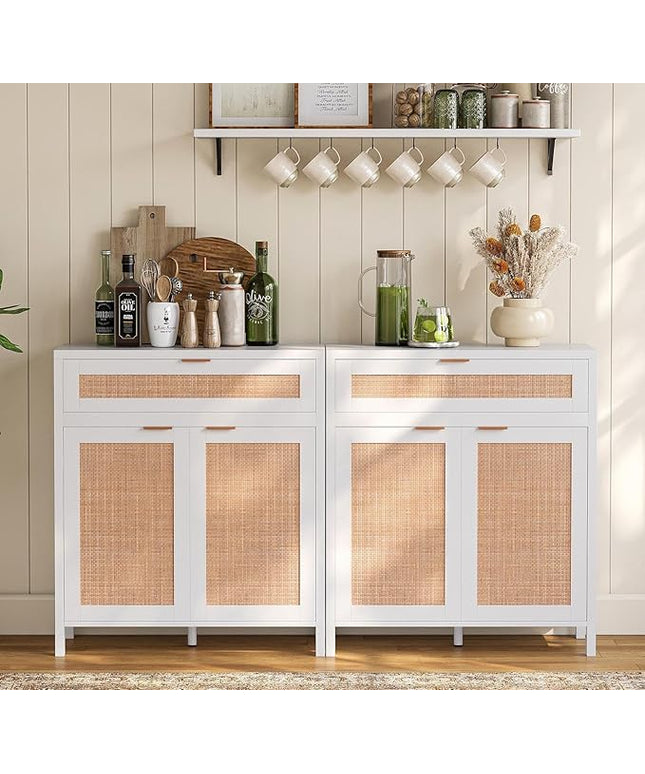 YOUDENOVA 60.3" Sideboard Buffet Cabinet, Rattan Cabinet Cupboard Console with 4 Doors & 2 Drawers, Boho Coffee Bar Table with Adjustable Shelves for Dining Room, Living Room, White