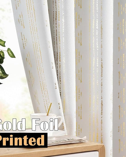 jinchan 95% Blackout Boho Curtains 84 Inches Long for Christmas Bedroom Living Room Decor Festive Xmas Golden Geometric Foil Printed Curtain Grommet Top Room Darkening Drapes Off White 2 Panels