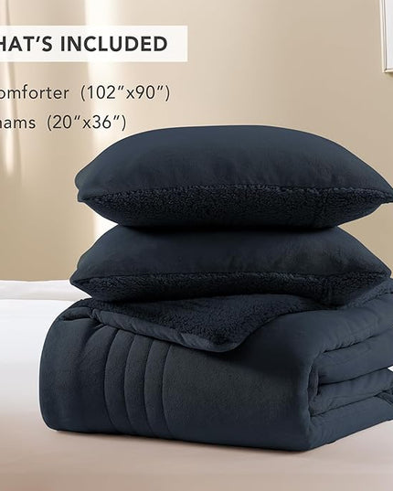Monbix Fluffy King Size Comforter Set Navy Blue, Sherpa Plush Fuzzy Comforter 3 Piece for King Size Bed, Luxury Soft Winter Warm Bedding Set