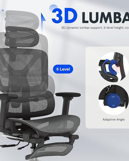 FLEXISPOT ErgoX Premium Ergonomic Office Chair with Footrest- Adjustable 3D Armrests, Dynamic Lumbar Support, Recline & Tilt Function, Mesh Seat, for Home & Office Use,Dark Grey