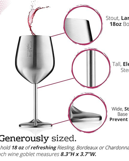 Gusto Nostro Stainless Steel Wine Glass - 18 oz - Cute, Unbreakable Wine Glasses for Travel, Camping and Pool - Fancy, Unique and Cool Portable Metal Wine Glass for Outdoor Events, Picnics (Set of 4)