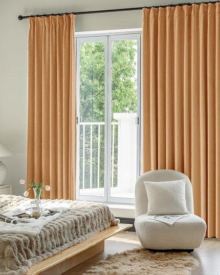 IVAPUPU Linen Pinch Pleated Blackout Curtains for Bedroom - Full Black Out Gold Curtains 90 Inch 2 Panels Set for Living Room Darkening Thermal Window Curtain Drapes with 16pc Hooks