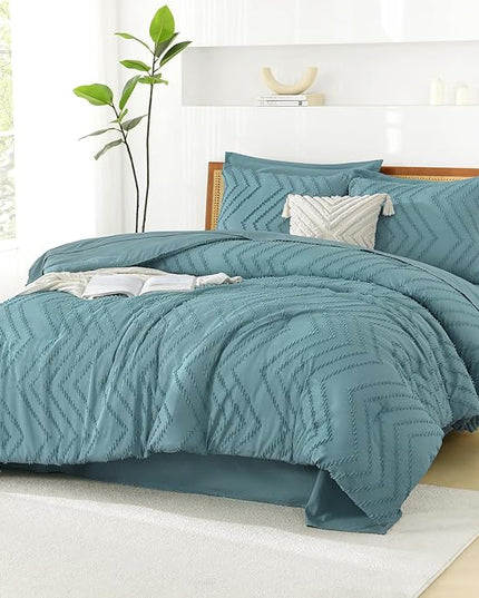 Litanika Grayish Teal Queen Size Comforter Set with Sheets - 7 Pieces Bed in a Bag Queen Boho Tufted Complete Bedding Sets with Comforter, Sheets, Pillowcases & Shams