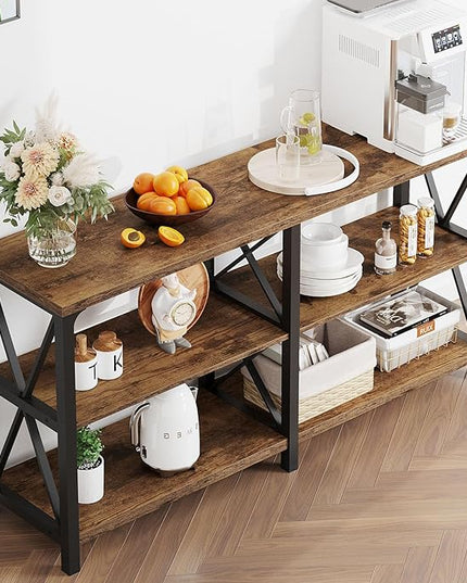 LVB Wood Console Table, Rustic 3 Tier Sofa Table Behind Couch, Industrial Metal Entryway Table with Storage Shelf, Farmhouse Wooden Foyer Hallway Table for Entry Living Room, Rustic Brown, 55 Inch