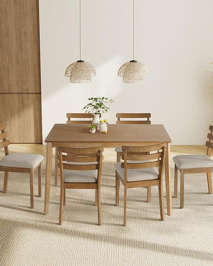 Modern Dining Table Set for 4, Wooden Farmhouse Dining Roon Table and Solid Wood Chairs, 7-Piece Dining Set for Home, Kitchen, Dining Room, 6 Upholstered Chairs, Solid Wood Legs
