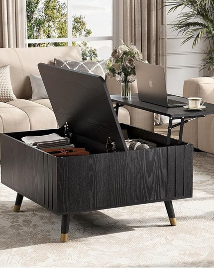 Lift Top Coffee Table with Storage, Mid Century Modern Coffee Table with Solid Wood Legs, 31.5" Square Center Table for Living Room, Home Office, Black
