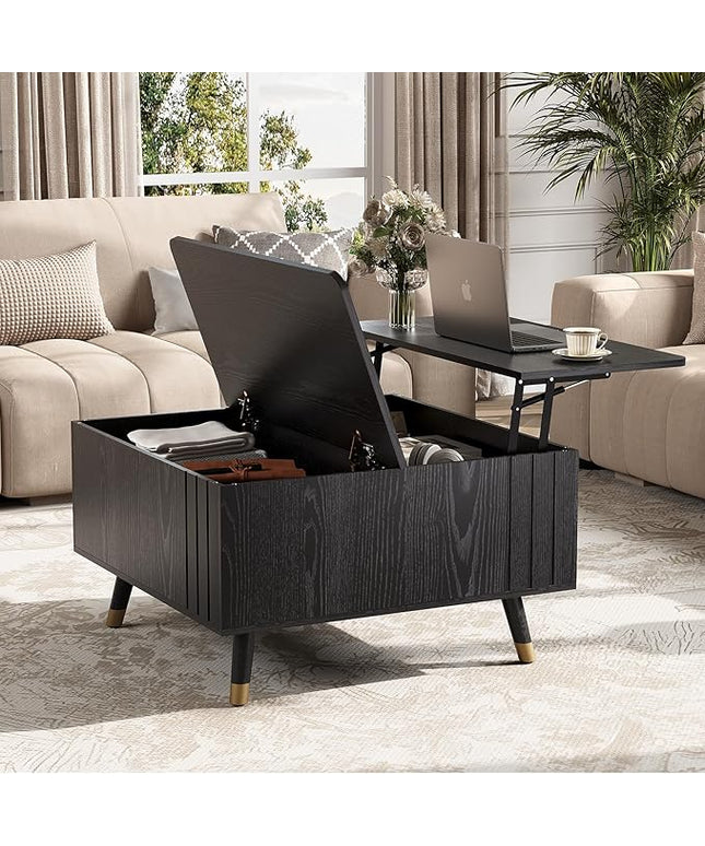 Lift Top Coffee Table with Storage, Mid Century Modern Coffee Table with Solid Wood Legs, 31.5" Square Center Table for Living Room, Home Office, Black