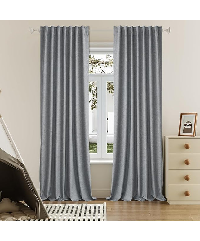 DUALIFE Grey Linen Full Blackout Curtains 108 Inch Length 2 Panels Set for Living Opaque Privacy Back Tab Thermal Insulated 100% Black Out Room Darkening 9ft Window Curtain Drapes 108 Inches Long