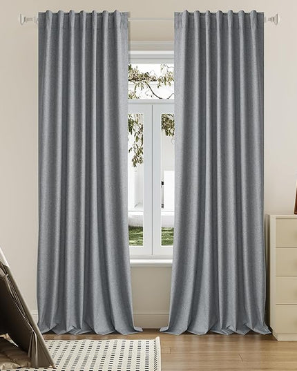 DUALIFE Grey 102 Inch Length Curtains, 100% Blackout Curtains 84 Inch Extra Wide for Bedroom Thermal Insulated Noise Cancelling Pleated Heading Tape Ring Back Tab Kids Boho Drapes 2 Panel Set 84x102